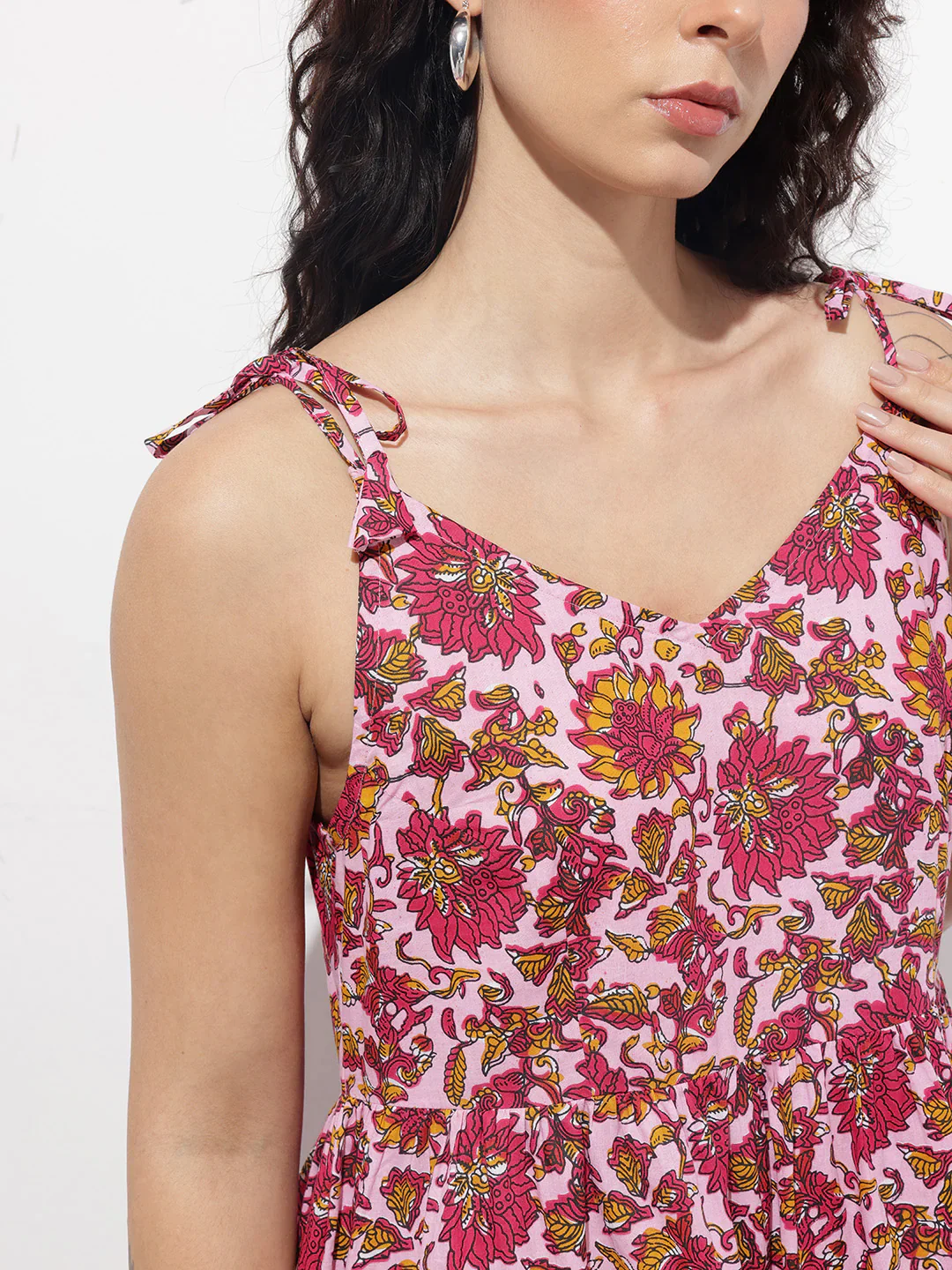 Aravalii Pink Shoulder Strapes Fit & Flared Cotton Dress - Image 2