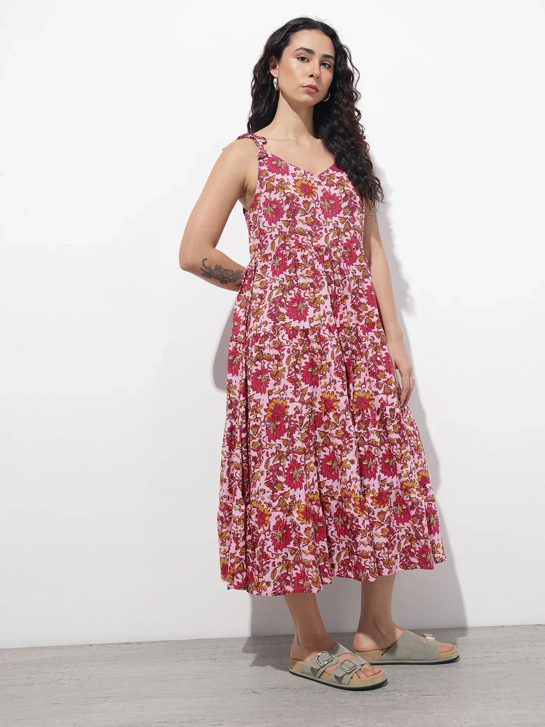 Aravalii Pink Shoulder Strapes Fit & Flared Cotton Dress - Image 3