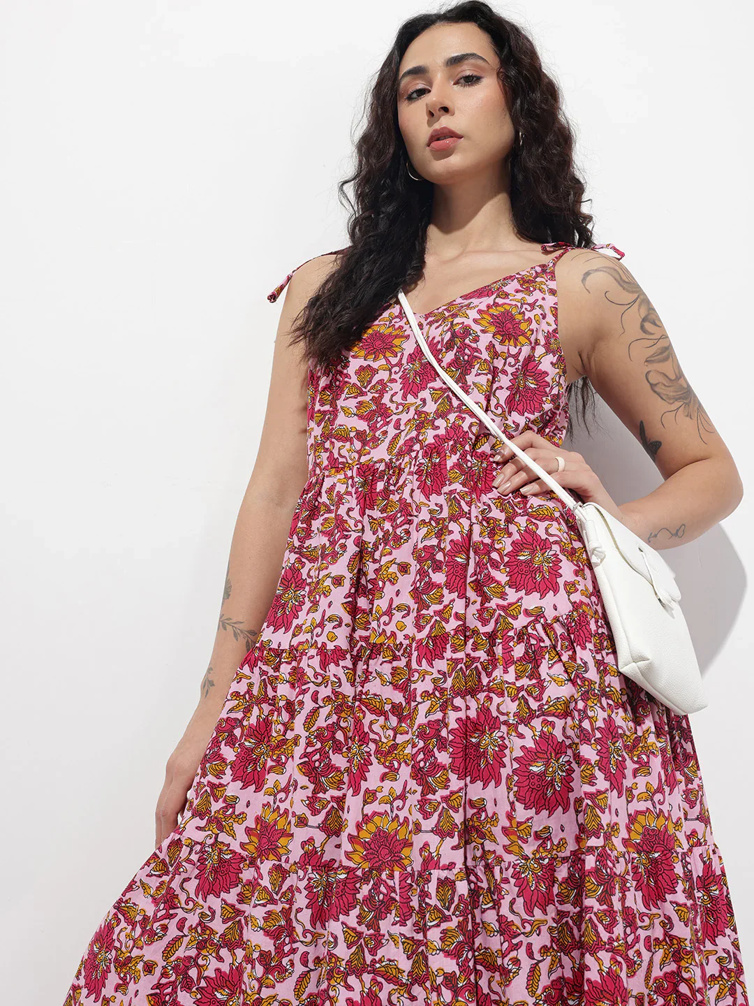 Aravalii Pink Shoulder Strapes Fit & Flared Cotton Dress - Image 4