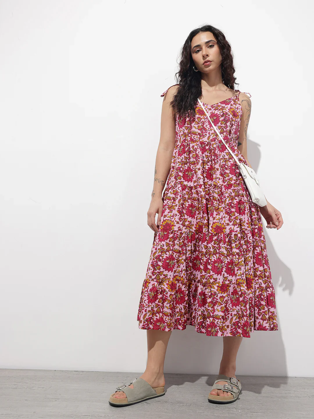 Aravalii Pink Shoulder Strapes Fit & Flared Cotton Dress - Image 6