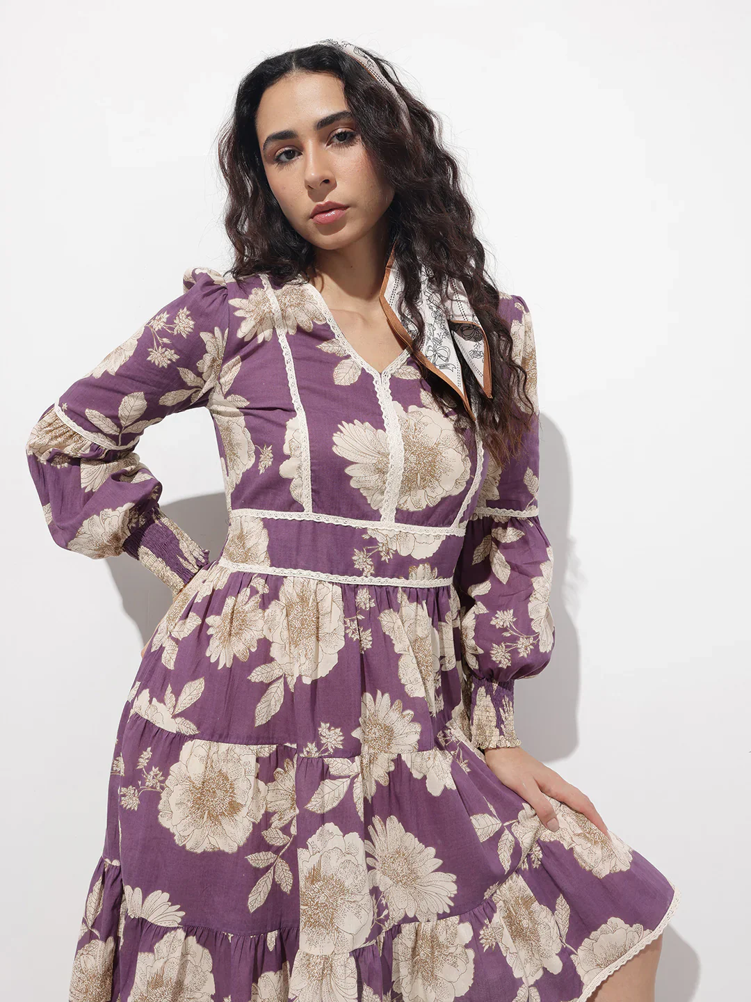 Aravalii Purple V-Neck Midi Cotton Dress
