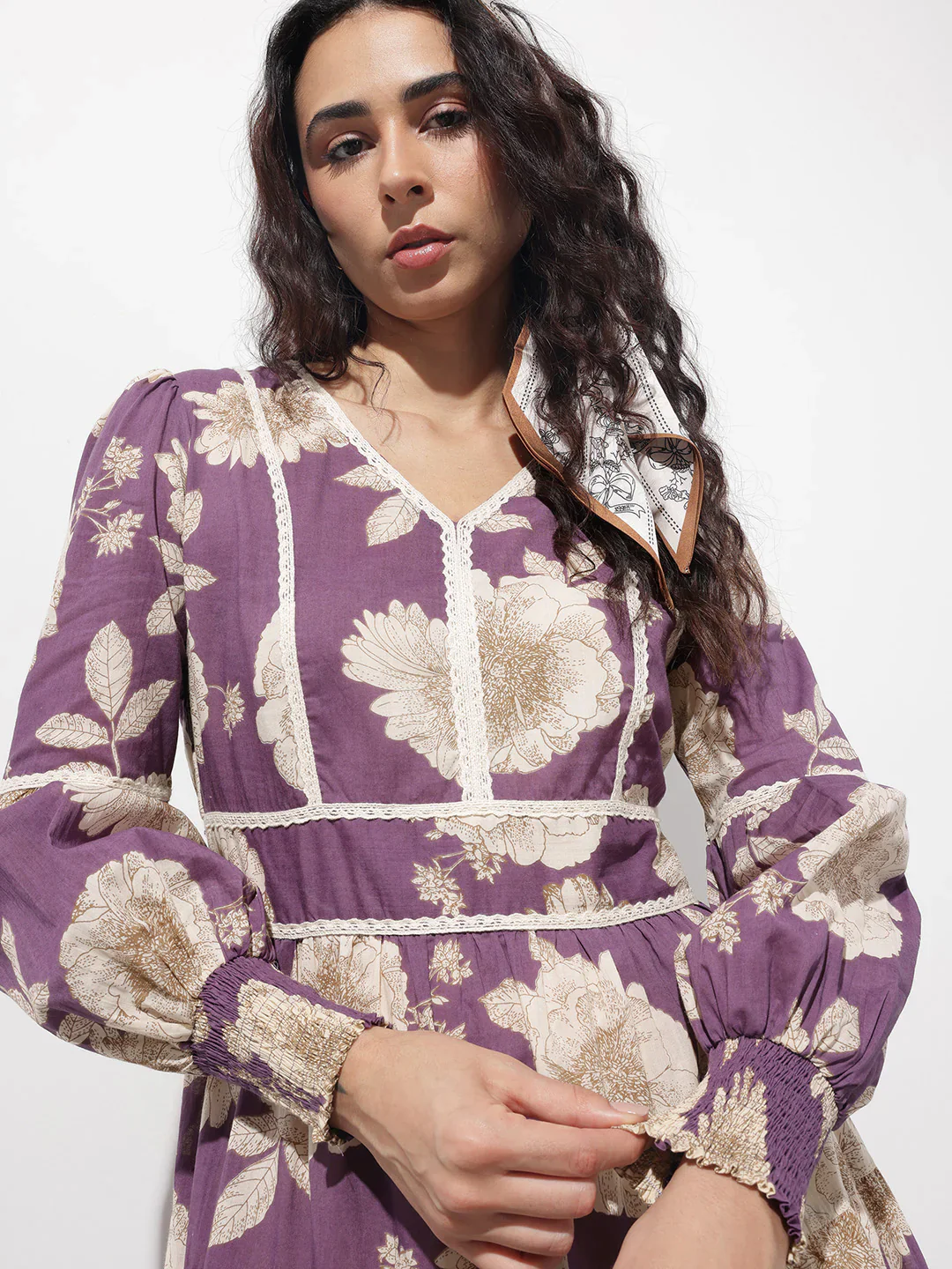 Aravalii Purple V-Neck Midi Cotton Dress - Image 2