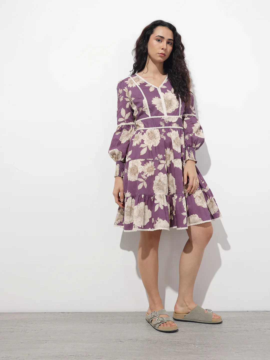 Aravalii Purple V-Neck Midi Cotton Dress - Image 3