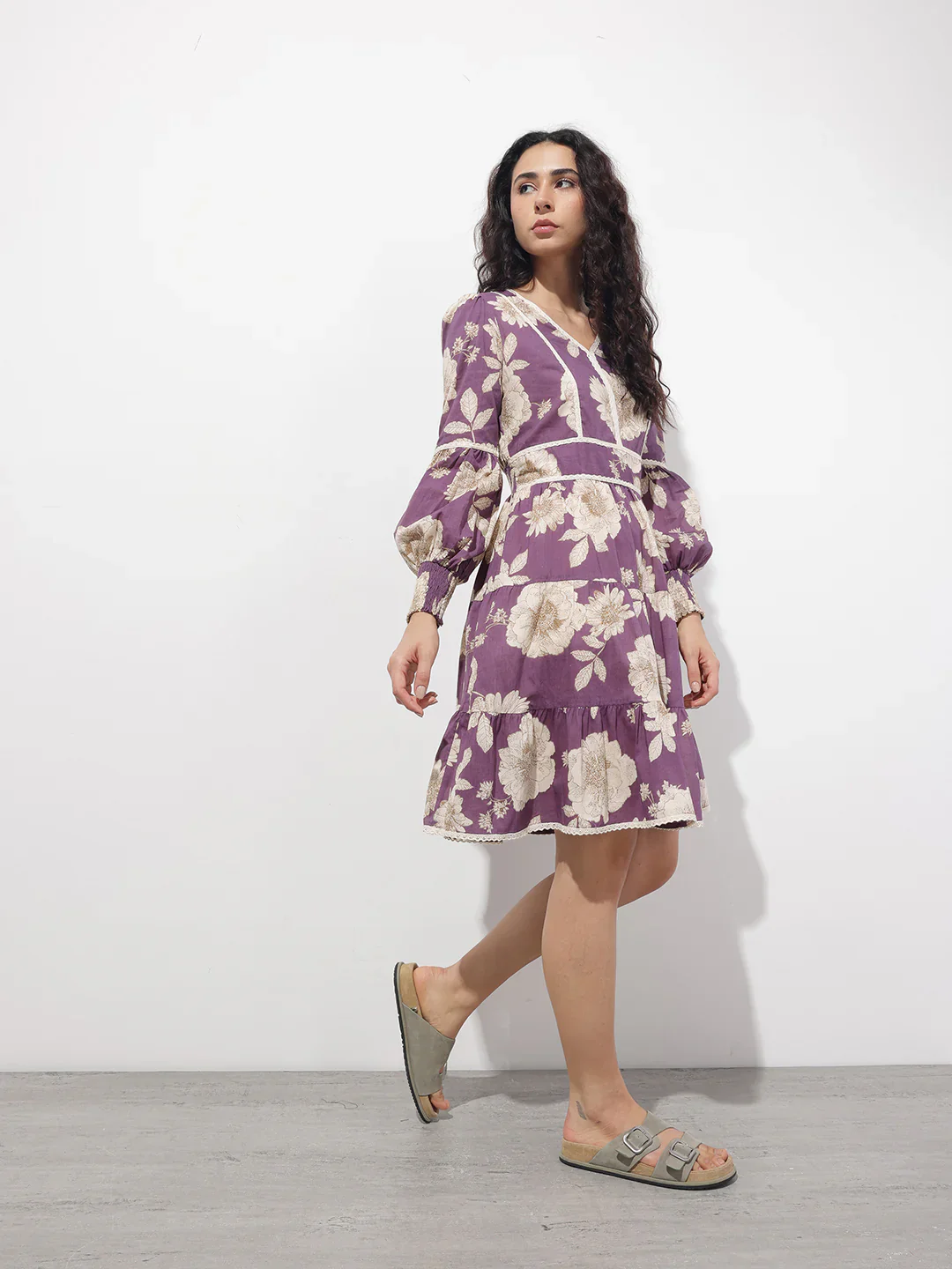 Aravalii Purple V-Neck Midi Cotton Dress - Image 4