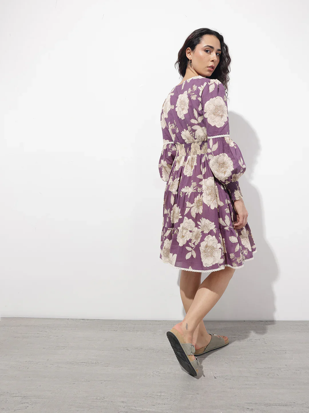 Aravalii Purple V-Neck Midi Cotton Dress - Image 5