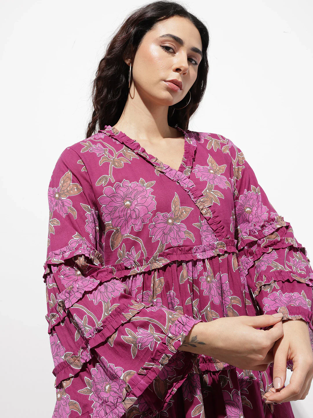 Aravalii Purple V-Neck Midi Cotton Dress - Image 2