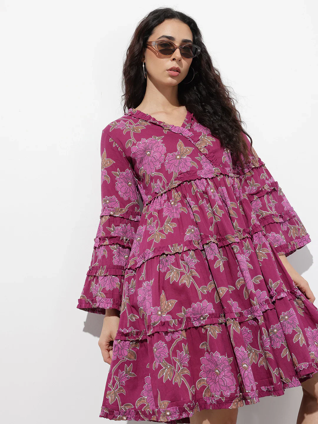 Aravalii Purple V-Neck Midi Cotton Dress - Image 3