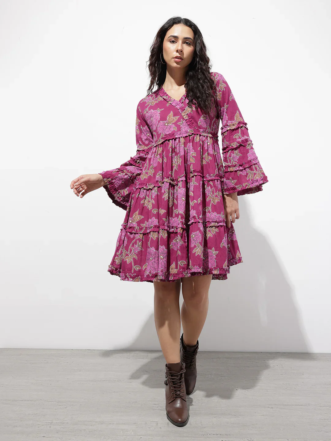 Aravalii Purple V-Neck Midi Cotton Dress - Image 4