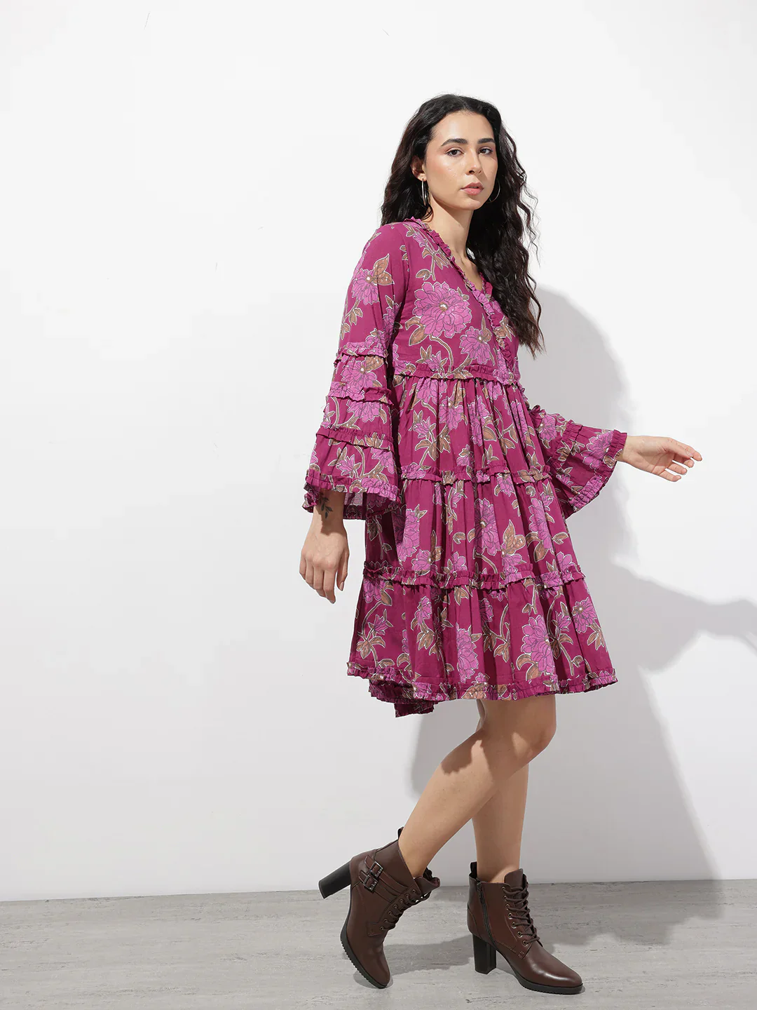 Aravalii Purple V-Neck Midi Cotton Dress - Image 5