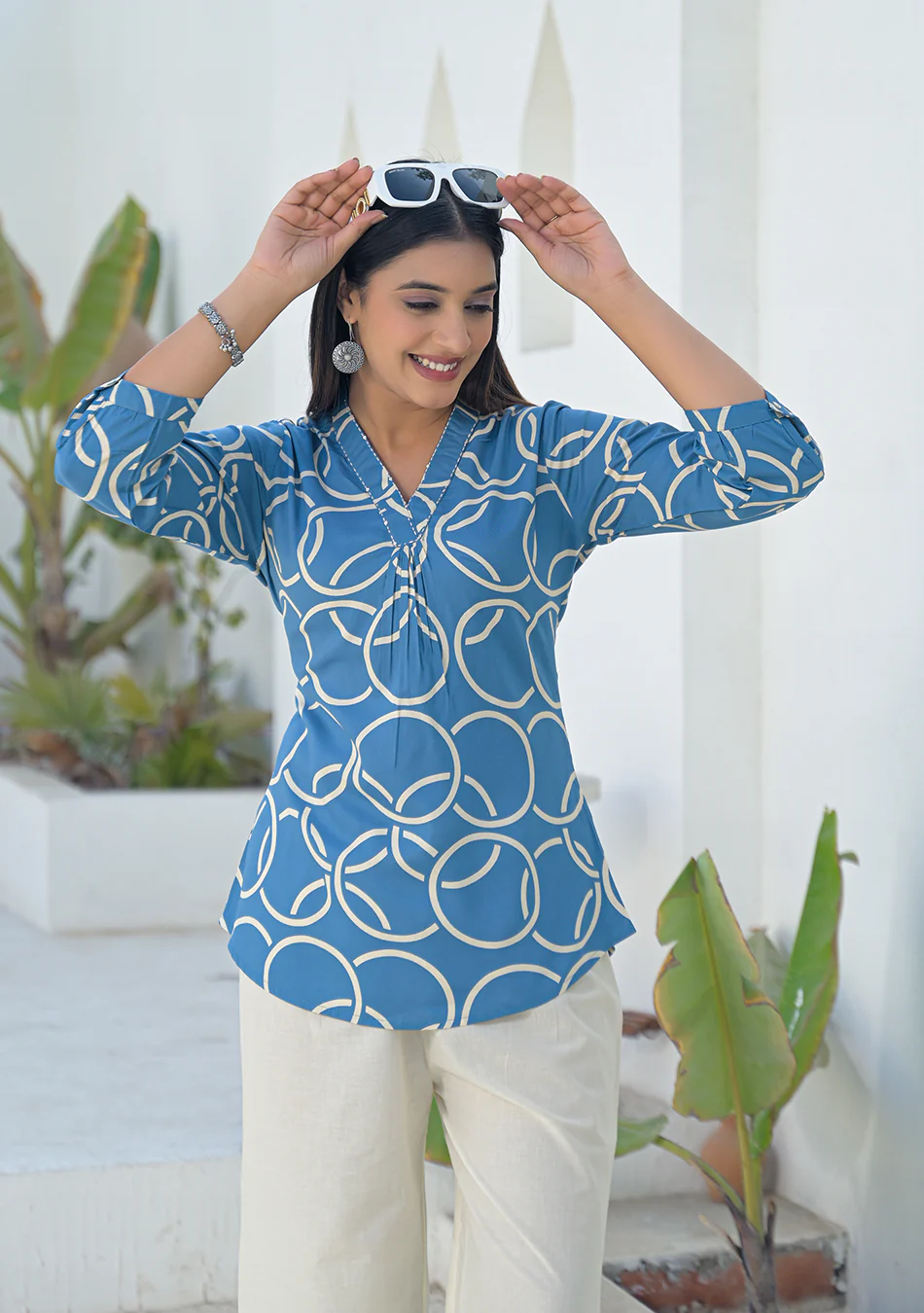 Aravalii Steel Blue Geometric Ring printed Top