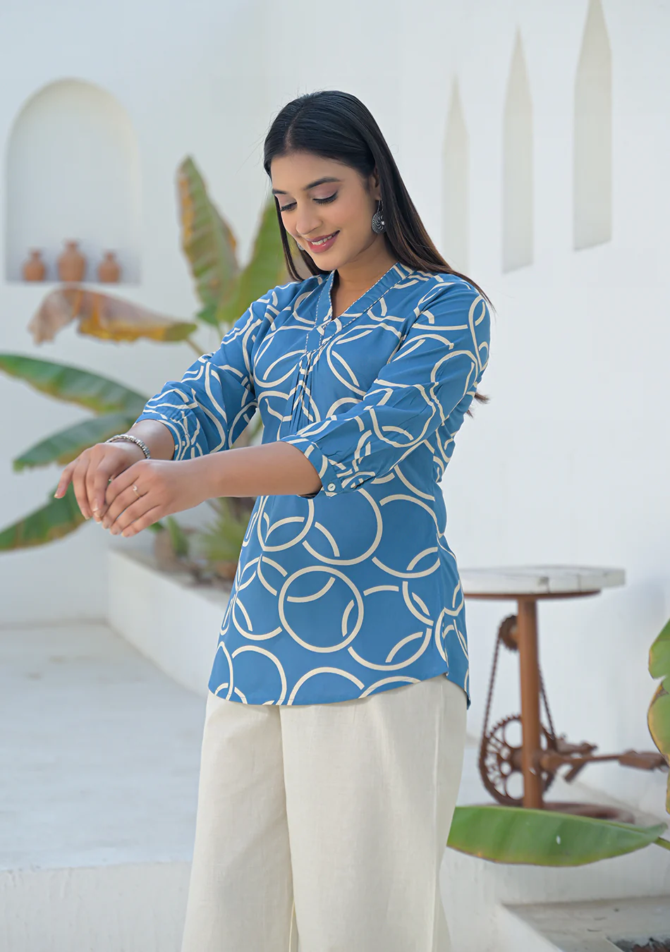 Aravalii Steel Blue Geometric Ring printed Top - Image 4
