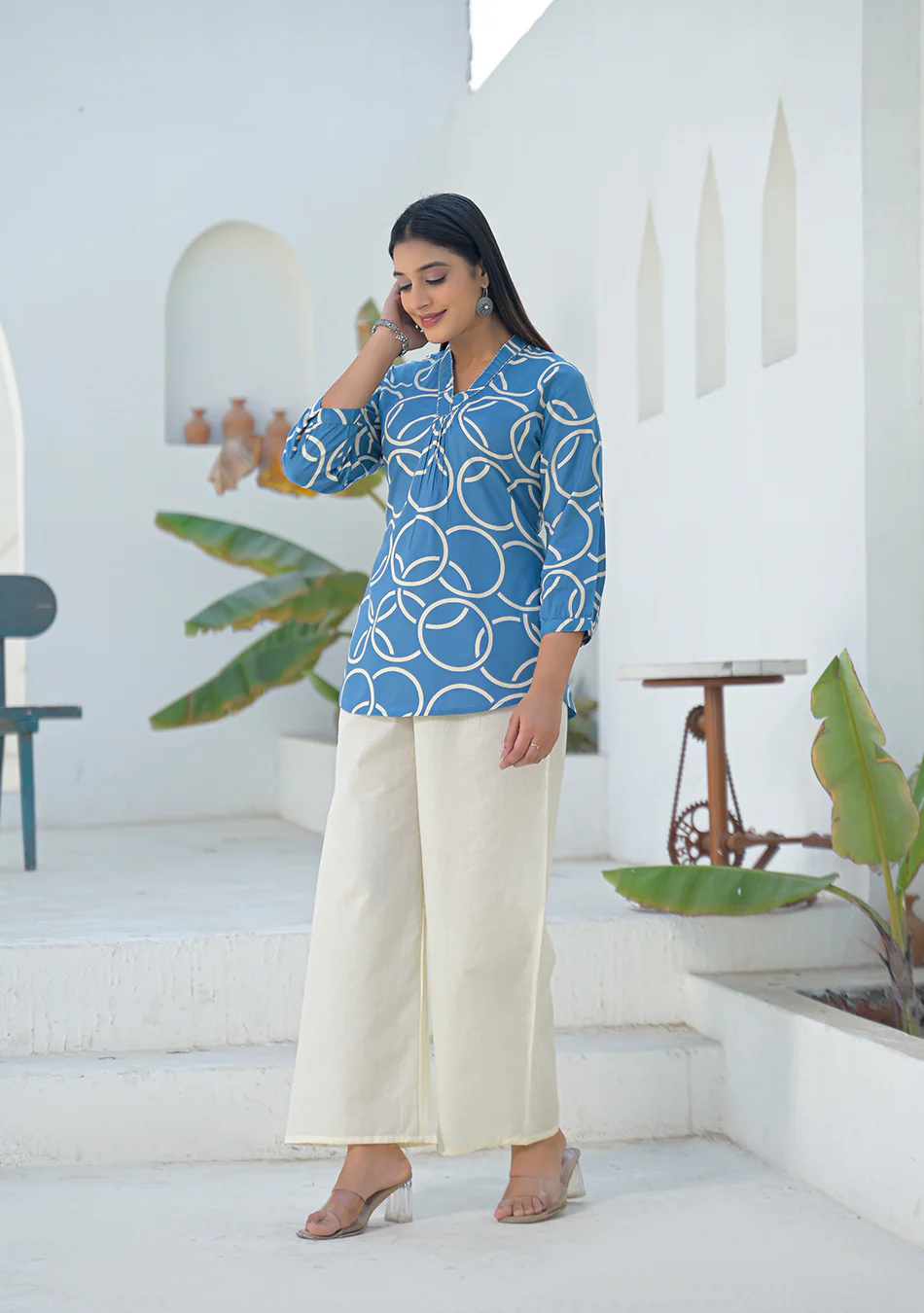 Aravalii Steel Blue Geometric Ring printed Top - Image 8