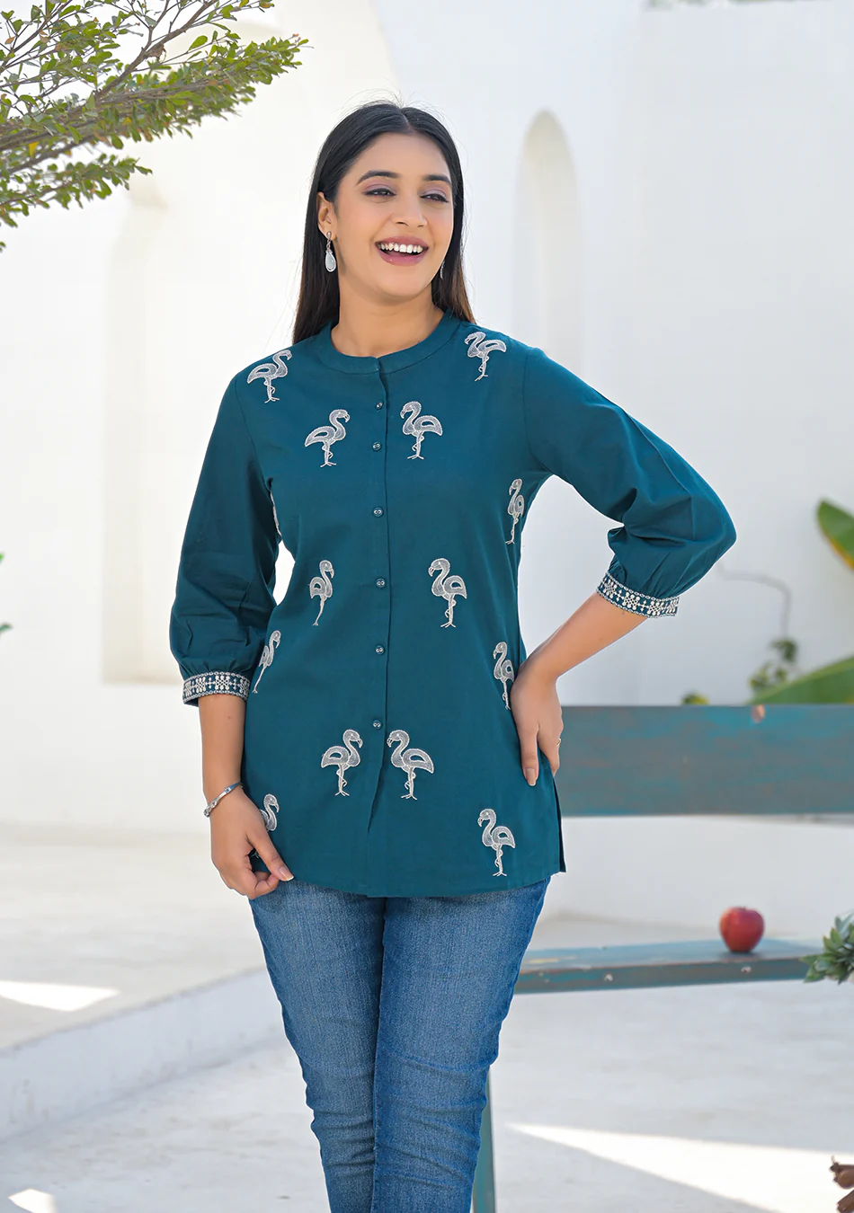 Aravalii Teal Flamingo Embroidered Cotton Flex Top - Image 3