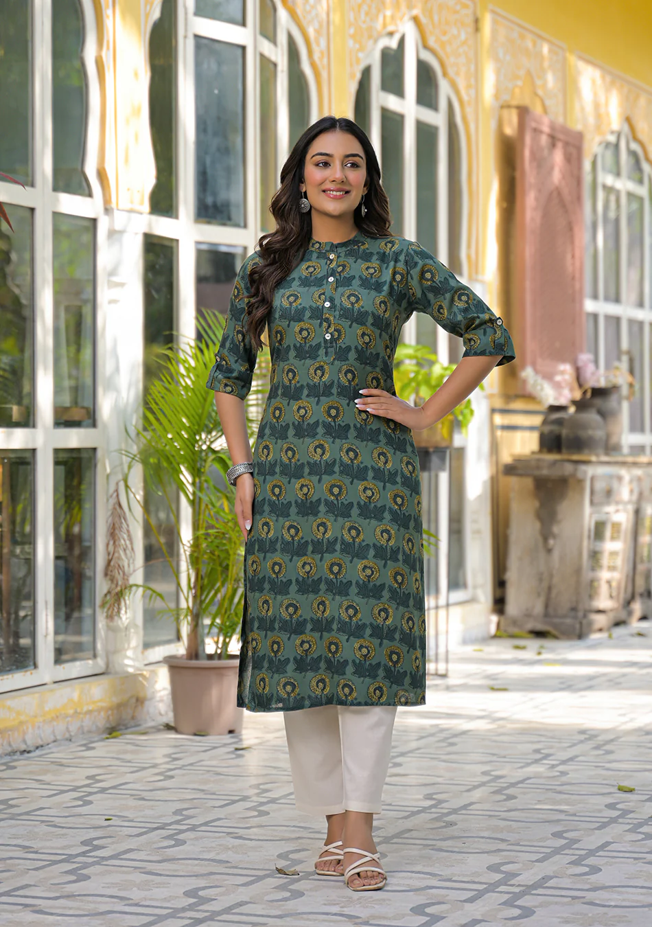 Aravalii Teal Mustard Floral Buta Kurta - Image 2