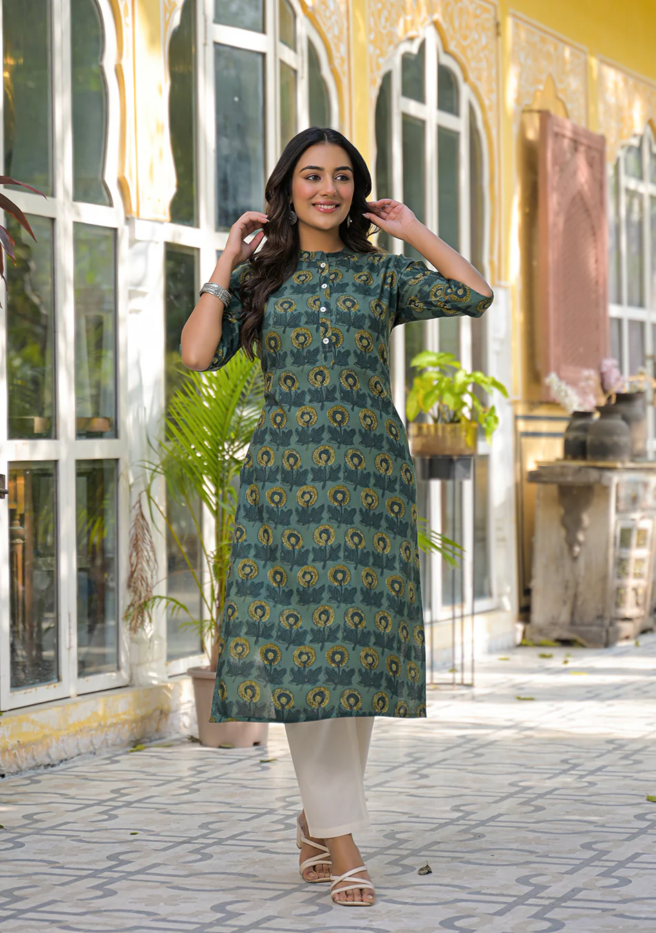 Aravalii Teal Mustard Floral Buta Kurta - Image 6