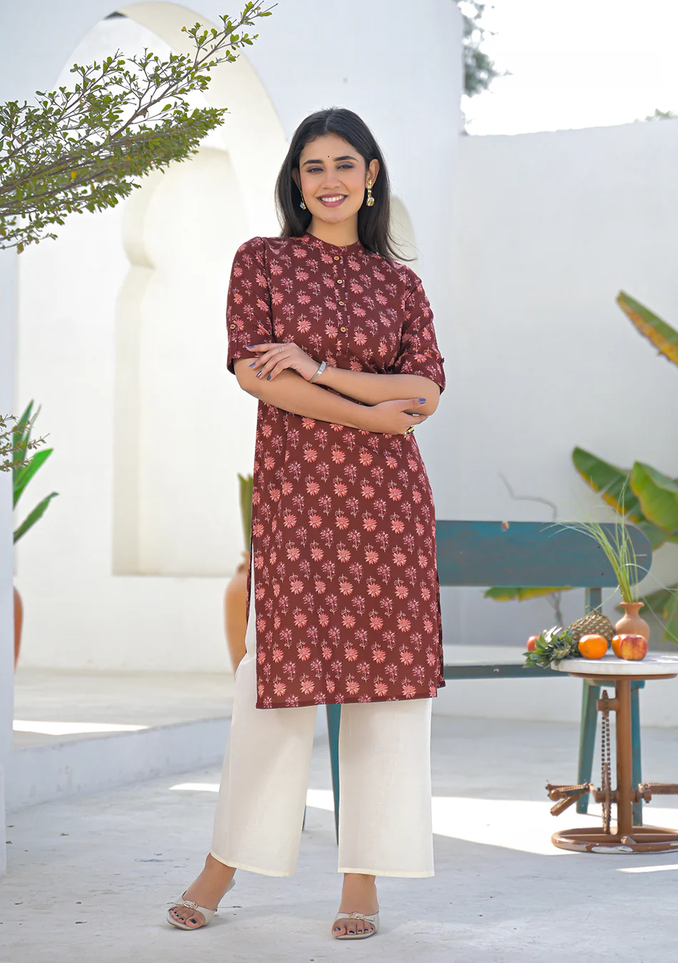 Aravalii Wine Rust Mini Floral Kurta