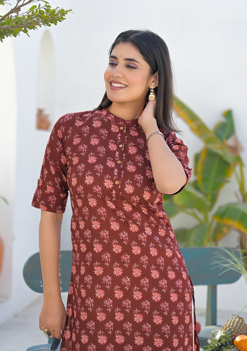 Aravalii Wine Rust Mini Floral Kurta - Image 4