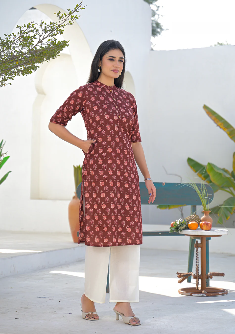 Aravalii Wine Rust Mini Floral Kurta - Image 6