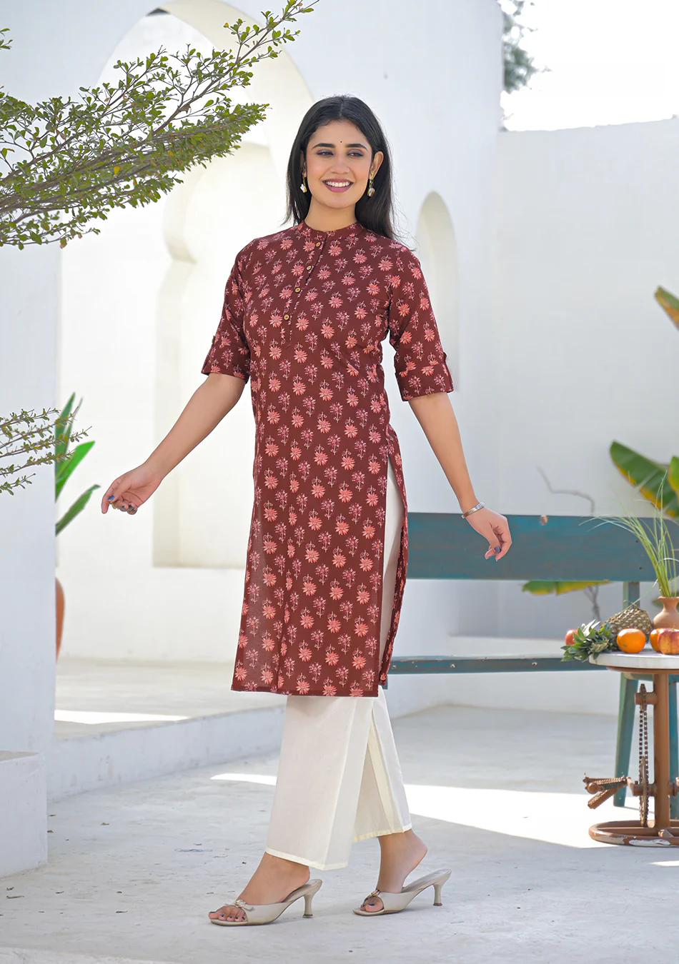 Aravalii Wine Rust Mini Floral Kurta - Image 7