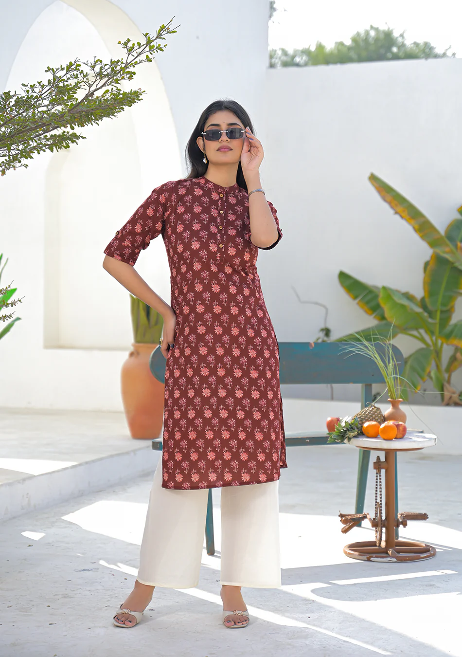 Aravalii Wine Rust Mini Floral Kurta - Image 8
