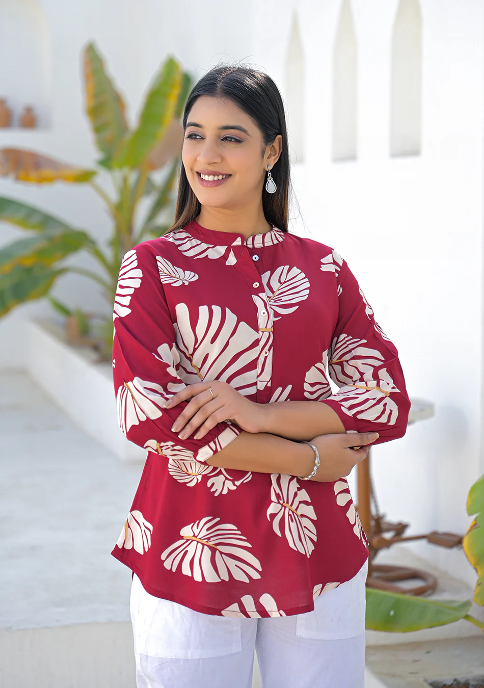 Aravalii Wine Tropical Leaf Print Top - Image 3