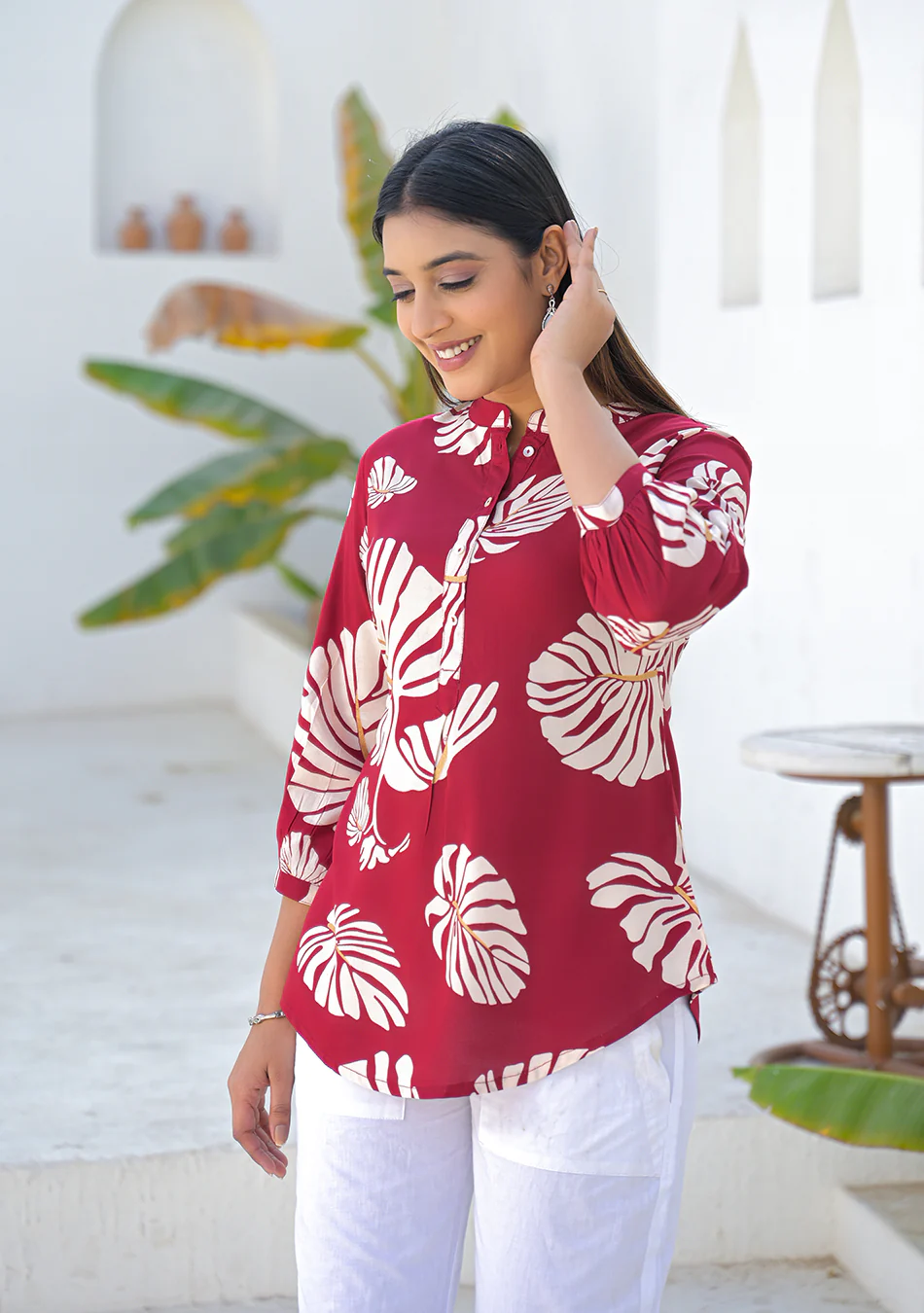 Aravalii Wine Tropical Leaf Print Top - Image 4