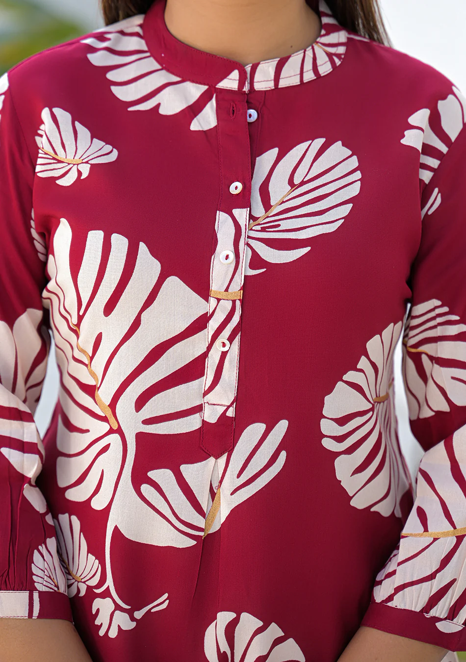 Aravalii Wine Tropical Leaf Print Top - Image 5