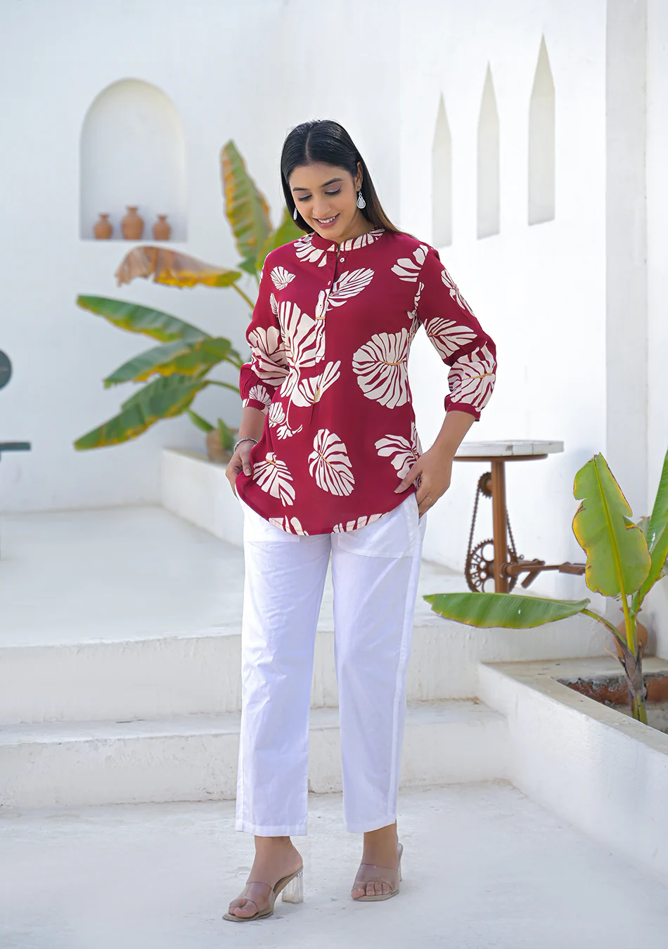 Aravalii Wine Tropical Leaf Print Top - Image 6