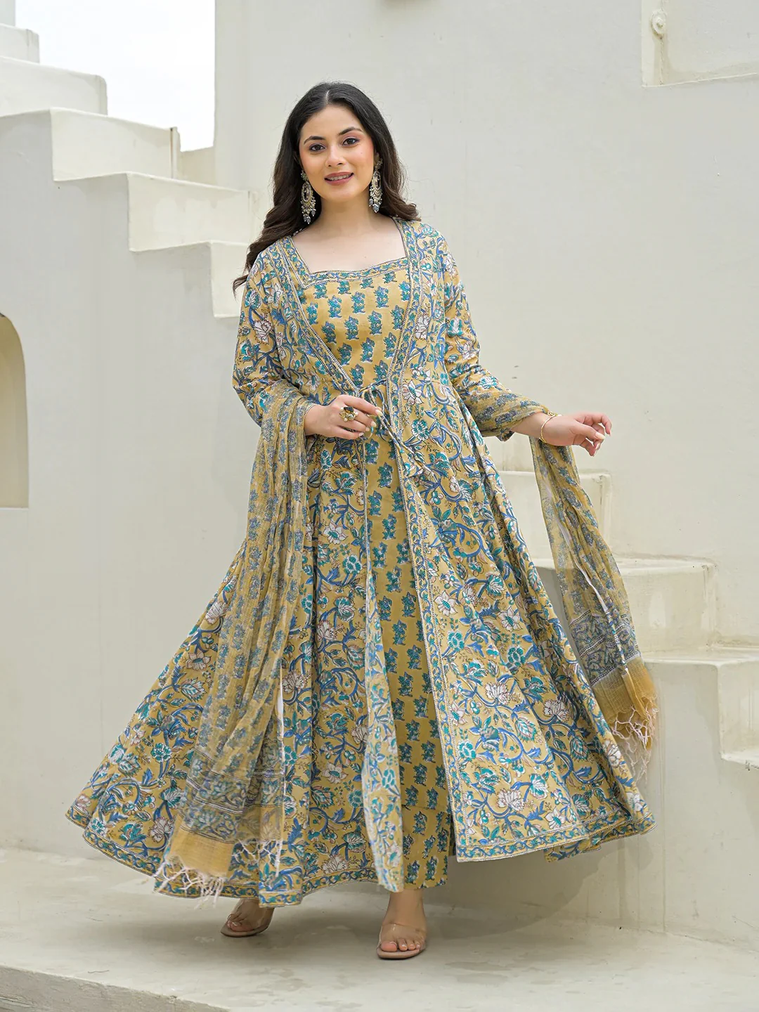 Beige Cotton Hand Block Anarkali Kurta Pant Sets Dupatta with Jacket - Image 5