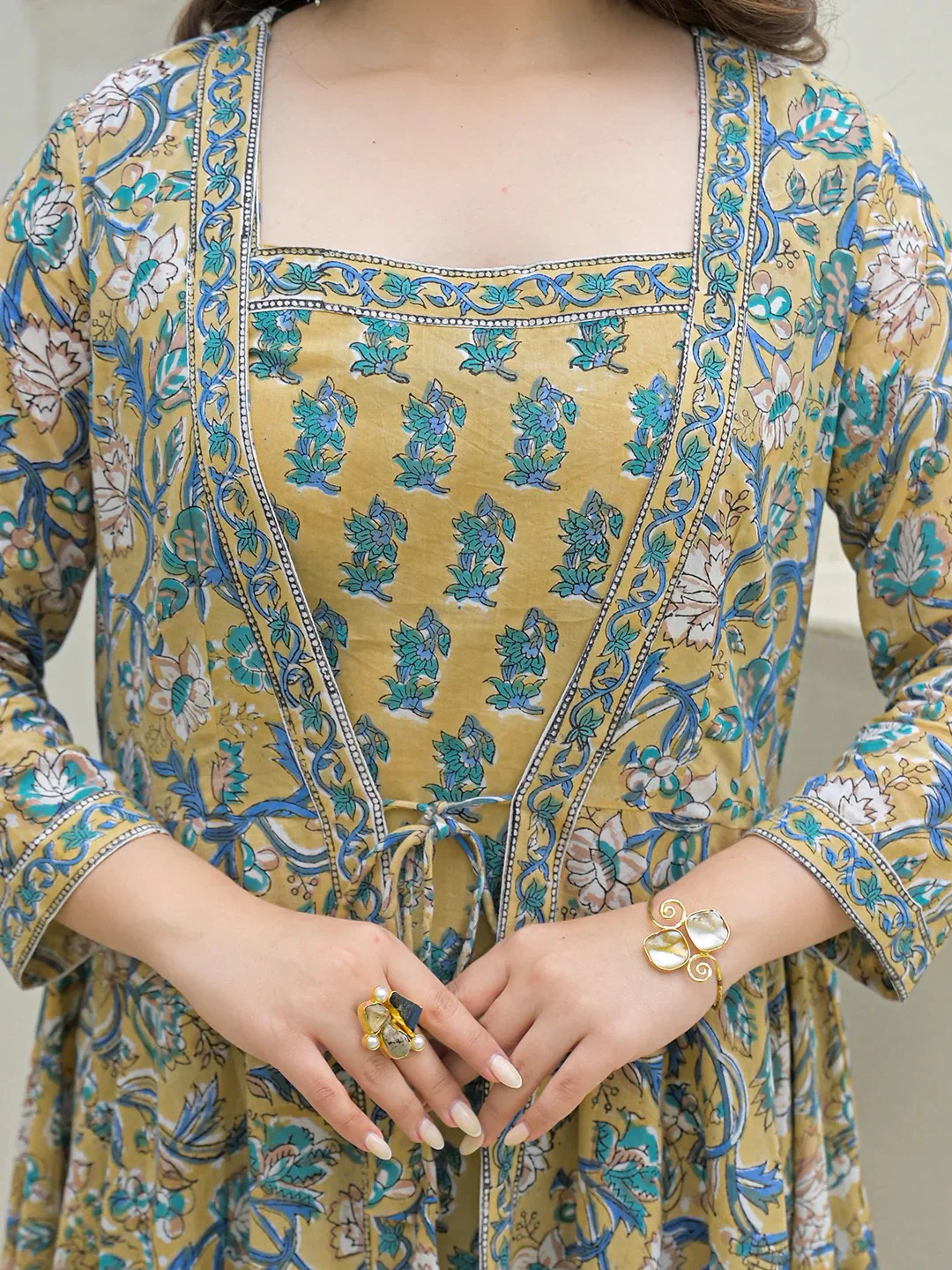 Beige Cotton Hand Block Anarkali Kurta Pant Sets Dupatta with Jacket - Image 6