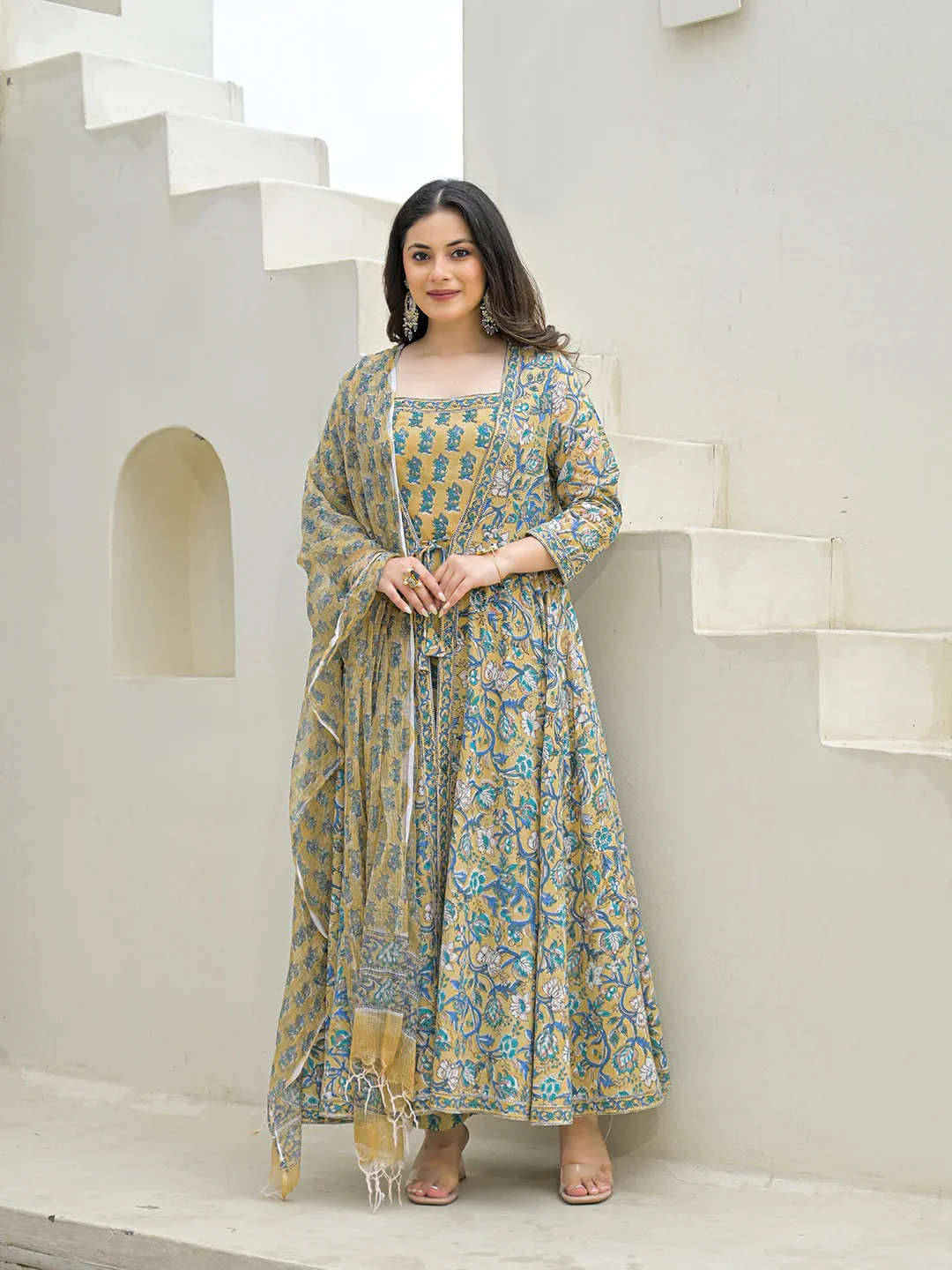 Beige Cotton Hand Block Anarkali Kurta Pant Sets Dupatta with Jacket - Image 7