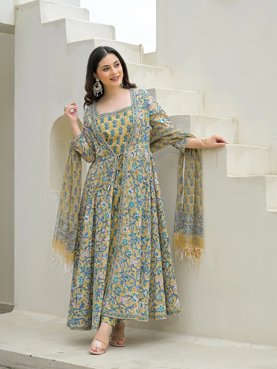 Beige Cotton Hand Block Anarkali Kurta Pant Sets Dupatta with Jacket - Image 8