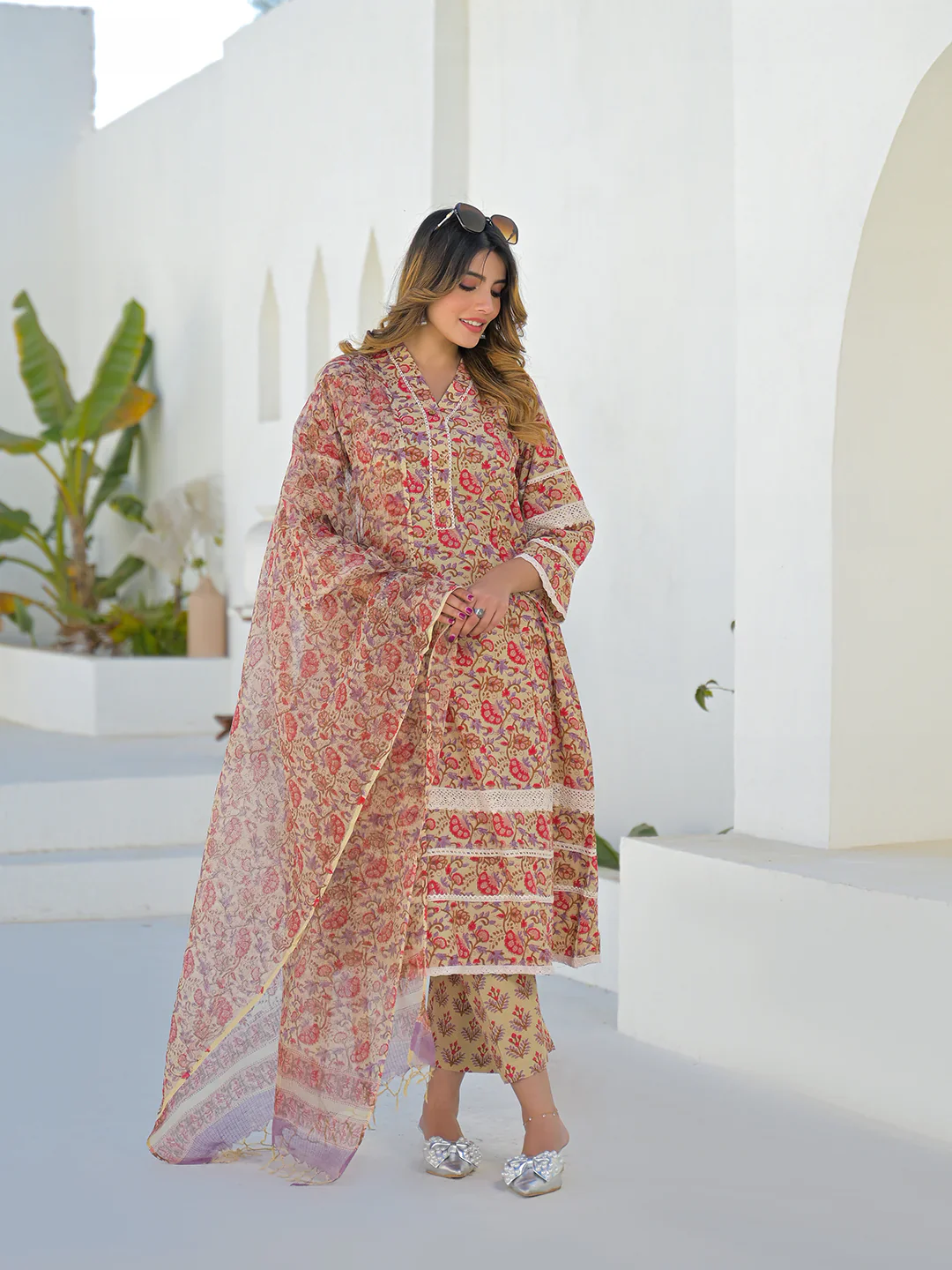 Beige Hand Block Cotton A-Line Kurta Pant Set With Dupatta - Image 2