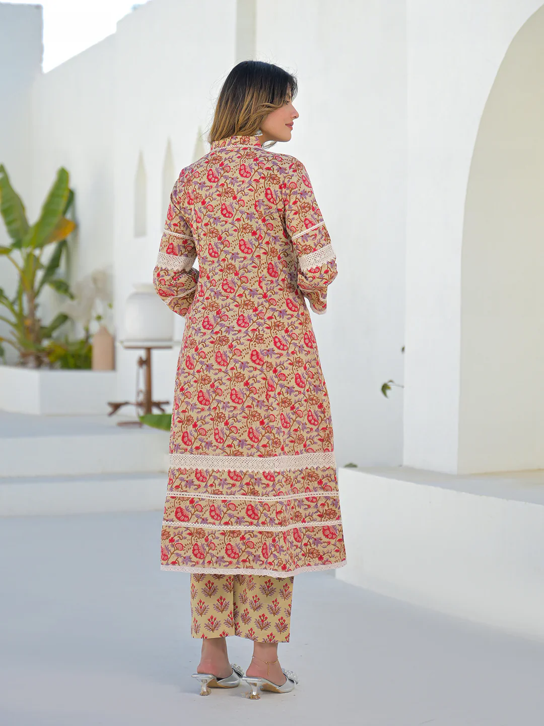 Beige Hand Block Cotton A-Line Kurta Pant Set With Dupatta - Image 3