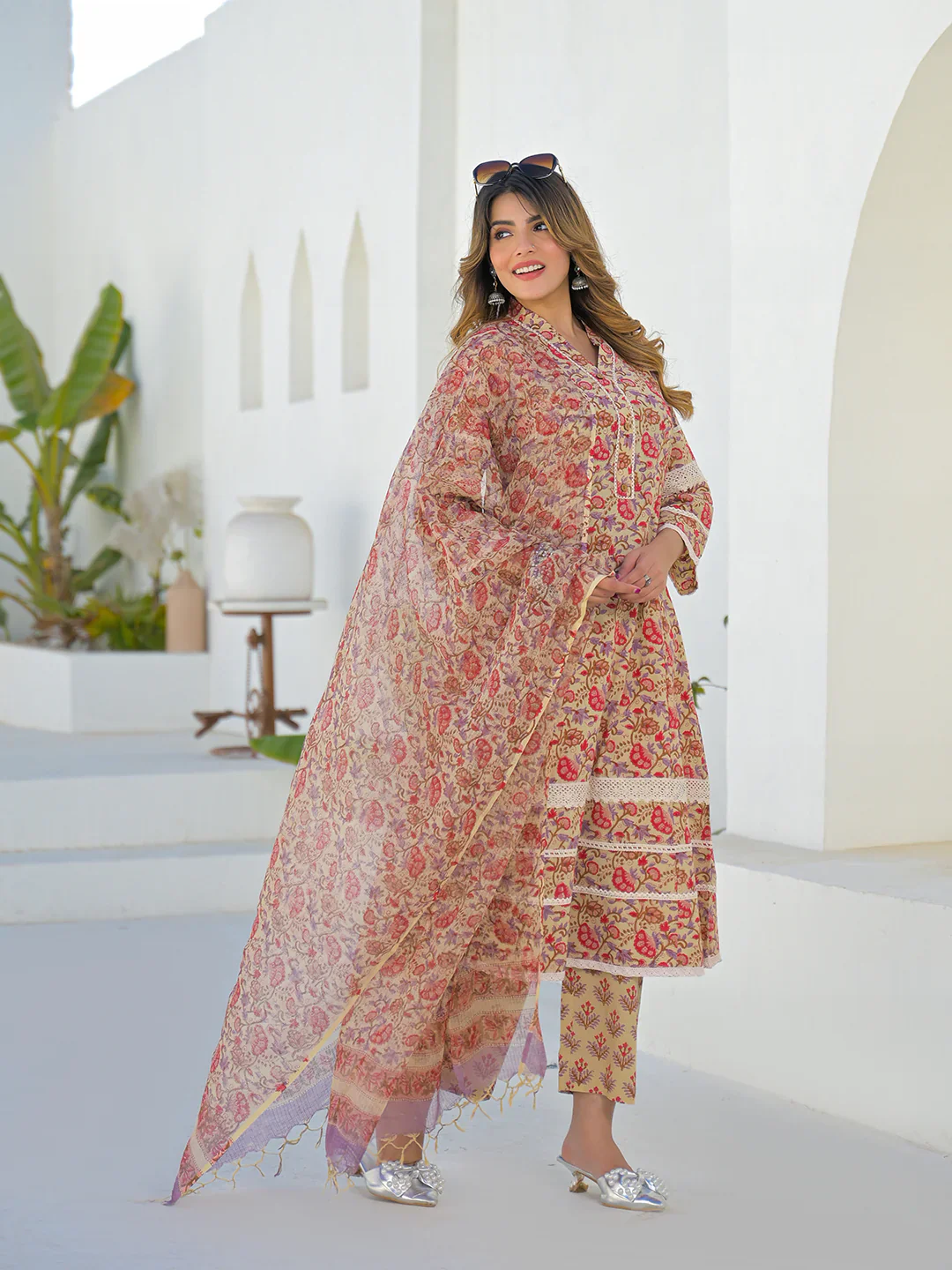 Beige Hand Block Cotton A-Line Kurta Pant Set With Dupatta - Image 4