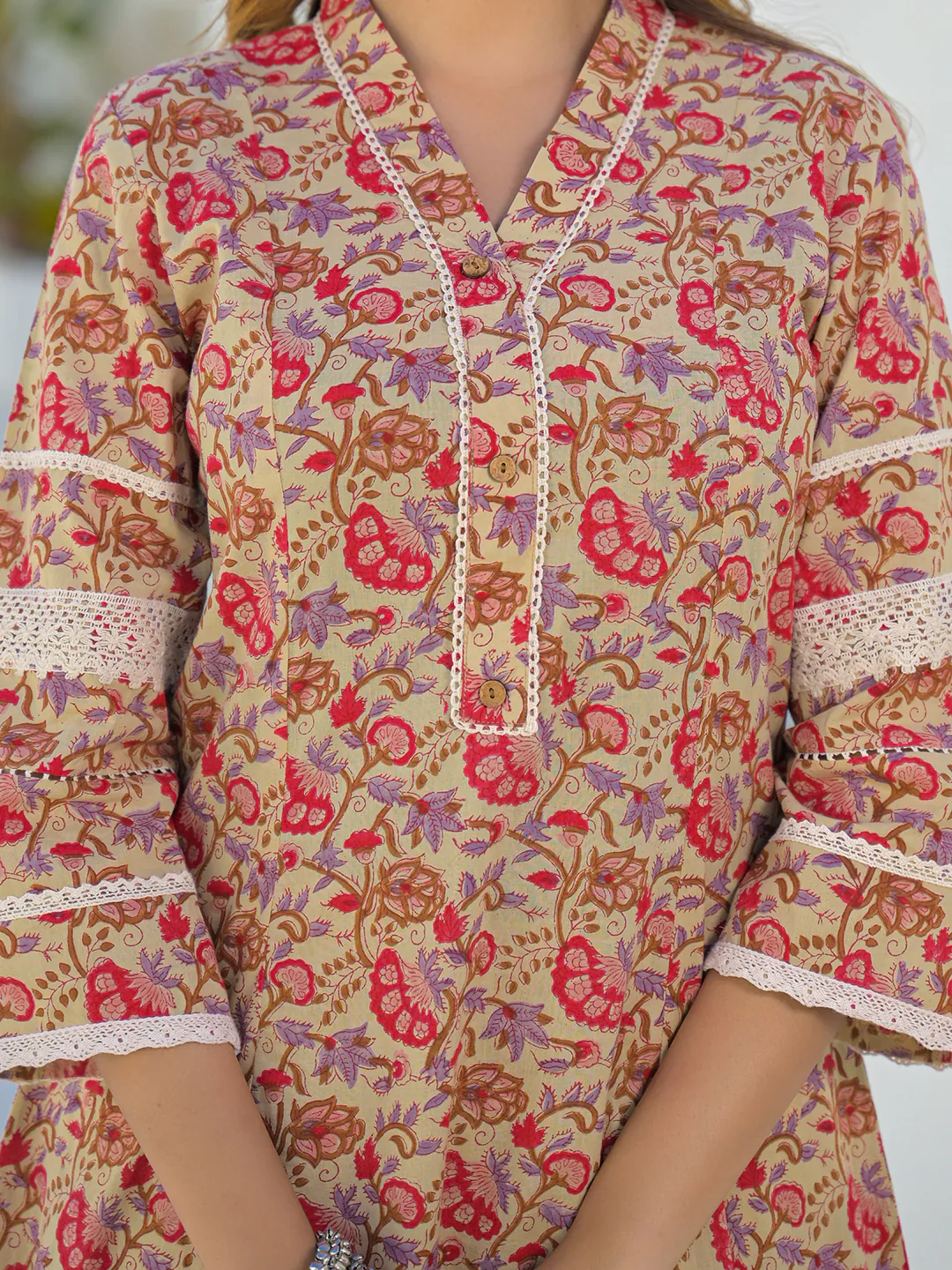 Beige Hand Block Cotton A-Line Kurta Pant Set With Dupatta - Image 5