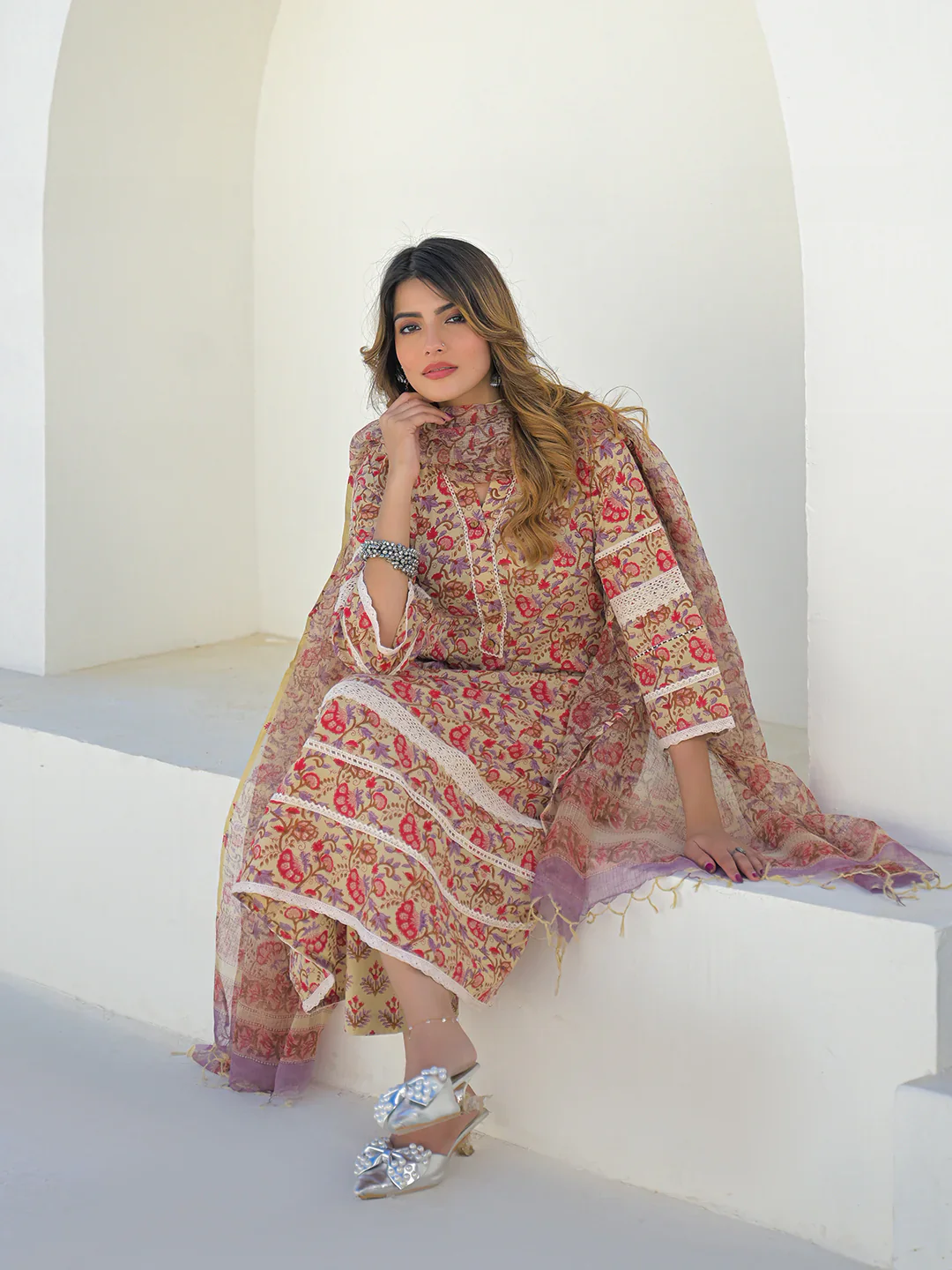 Beige Hand Block Cotton A-Line Kurta Pant Set With Dupatta - Image 6
