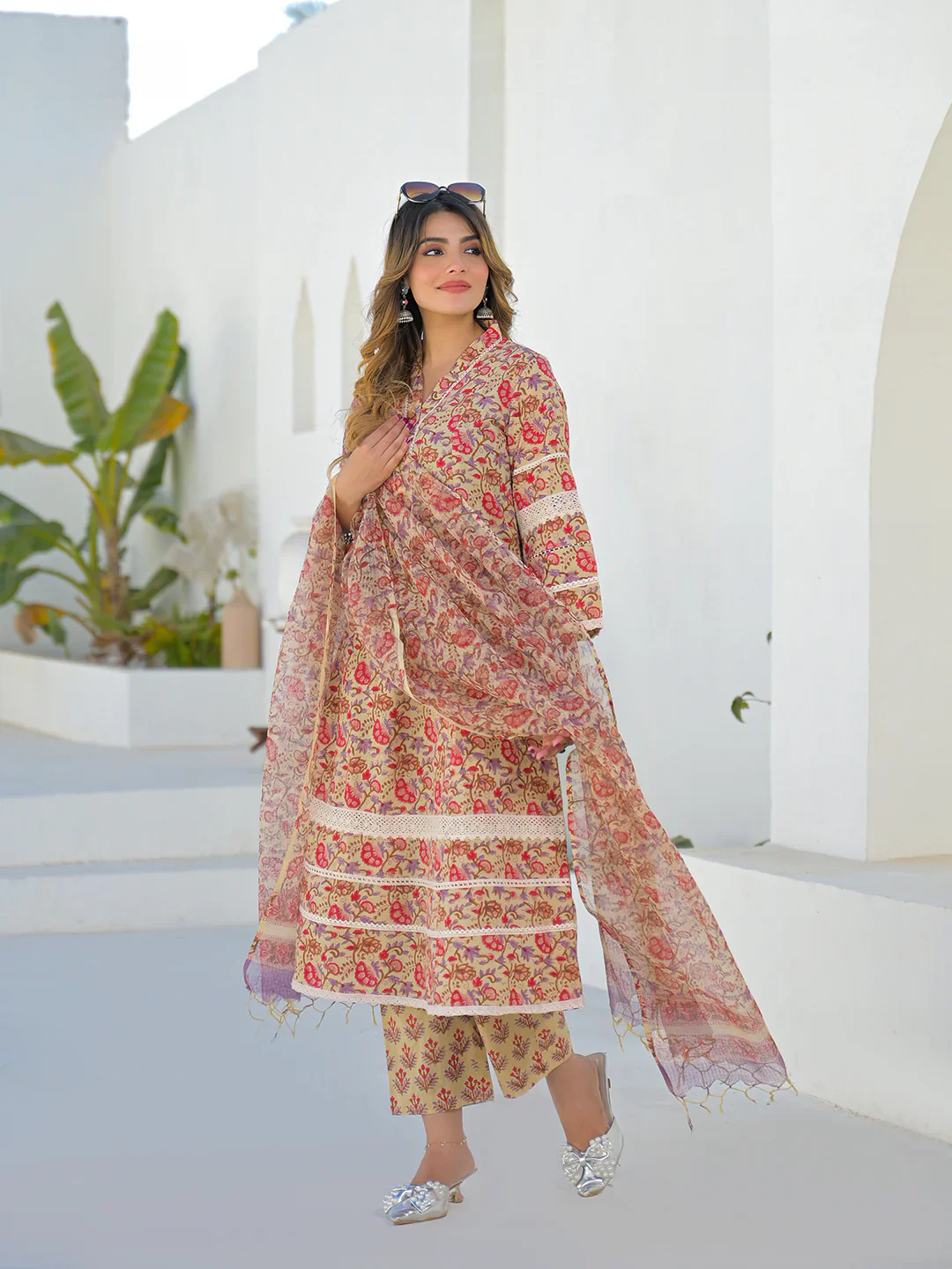 Beige Hand Block Cotton A-Line Kurta Pant Set With Dupatta - Image 7