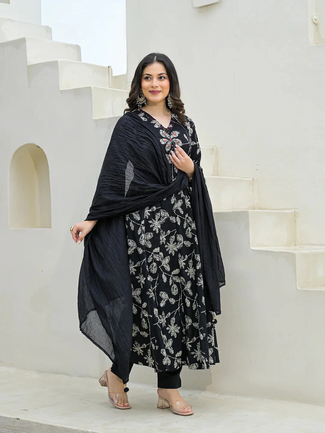 Black Cotton Anarkali kurta Pant Set with Dupatta
