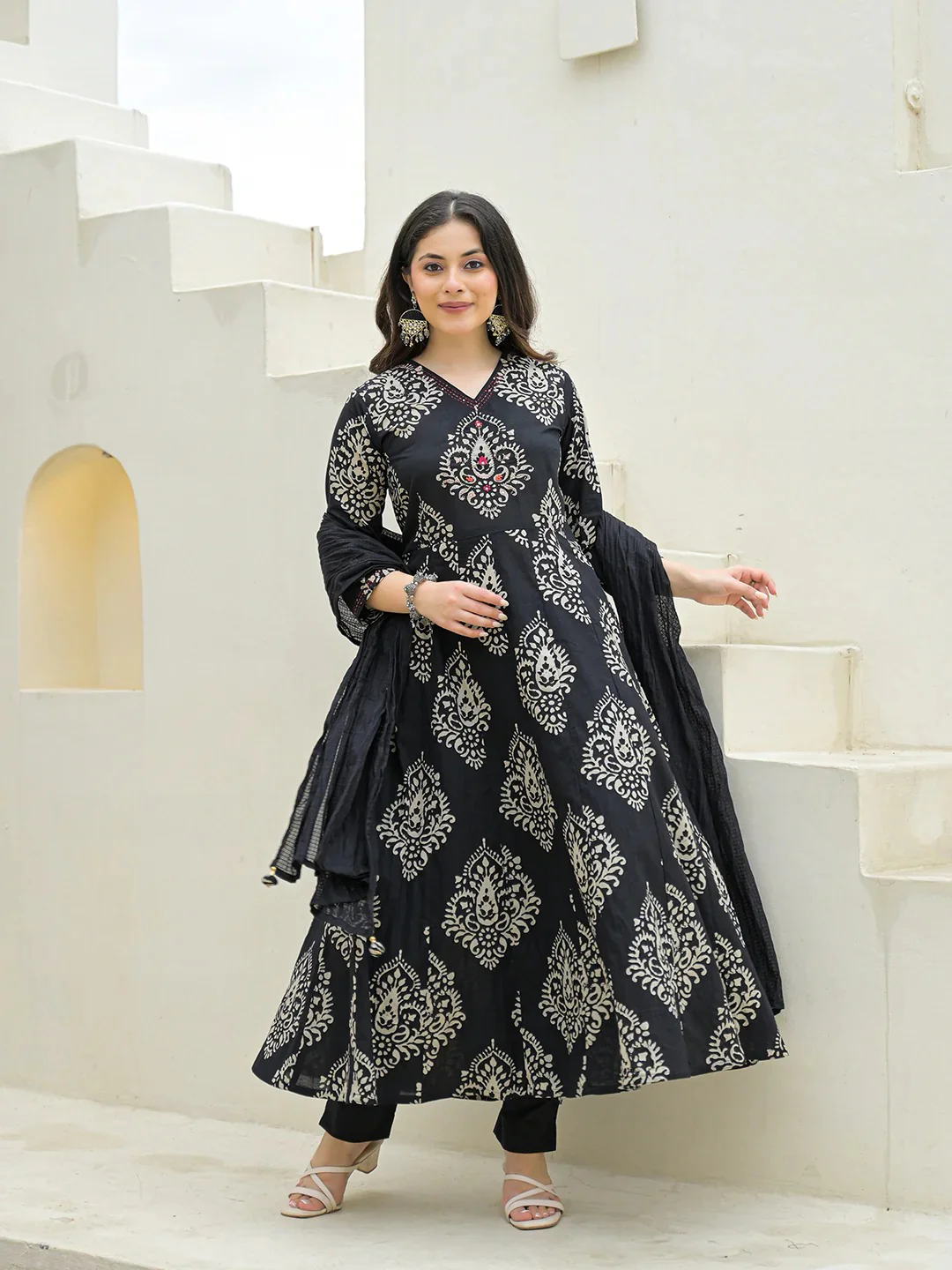 Black Cotton Anarkali kurta Pant Set with Dupatta - Image 2