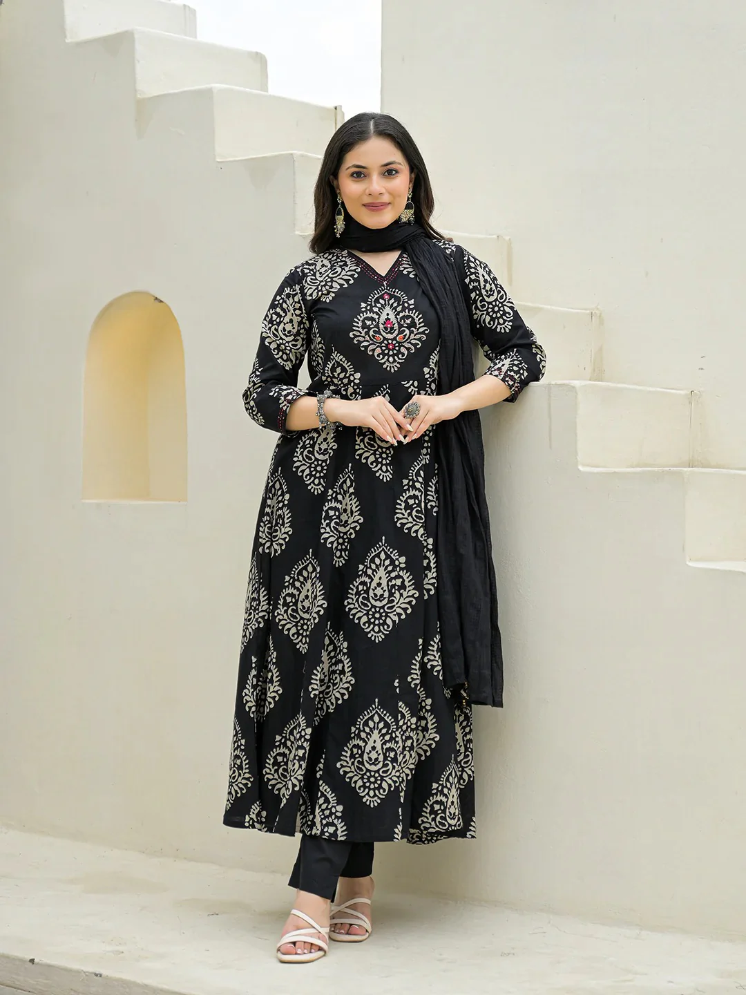 Black Cotton Anarkali kurta Pant Set with Dupatta - Image 3