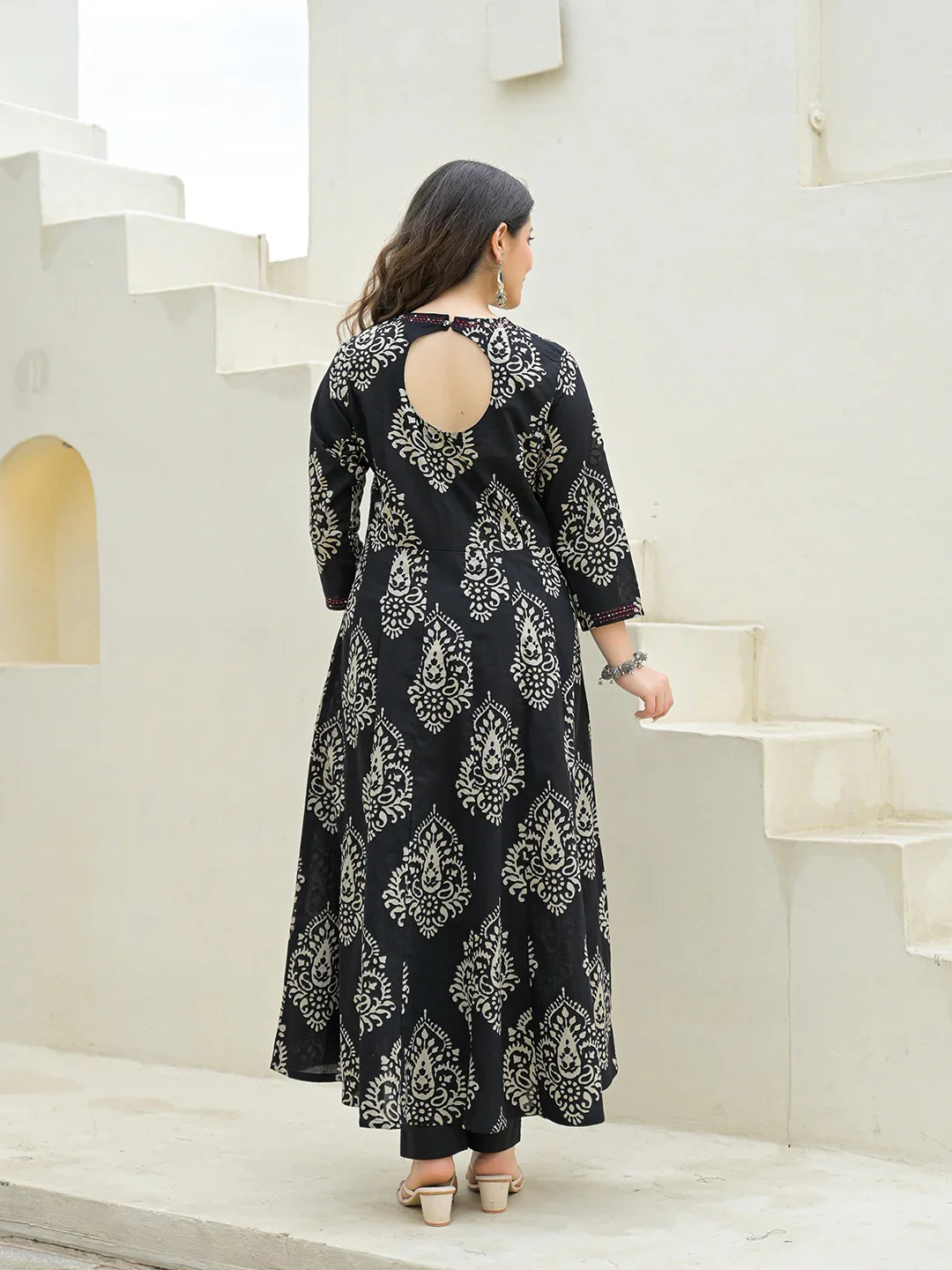 Black Cotton Anarkali kurta Pant Set with Dupatta - Image 6