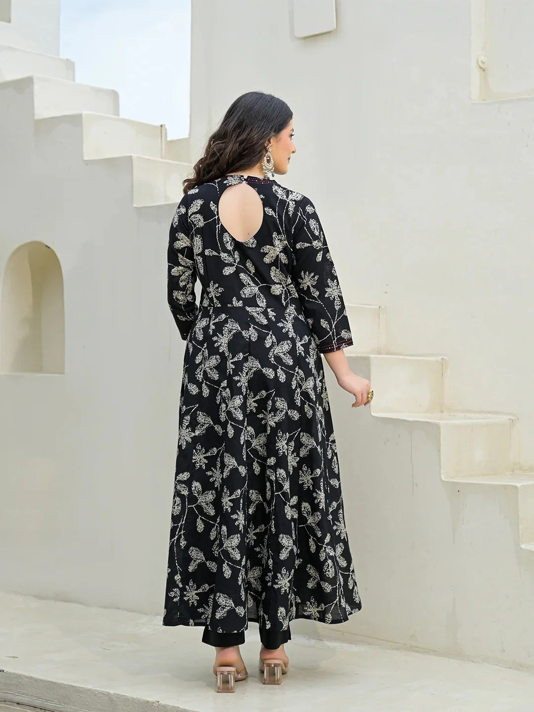 Black Cotton Anarkali kurta Pant Set with Dupatta - Image 2