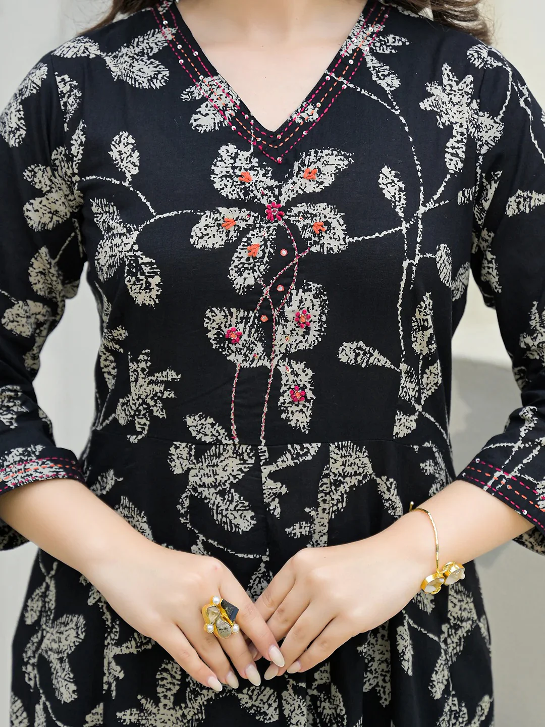 Black Cotton Anarkali kurta Pant Set with Dupatta - Image 3
