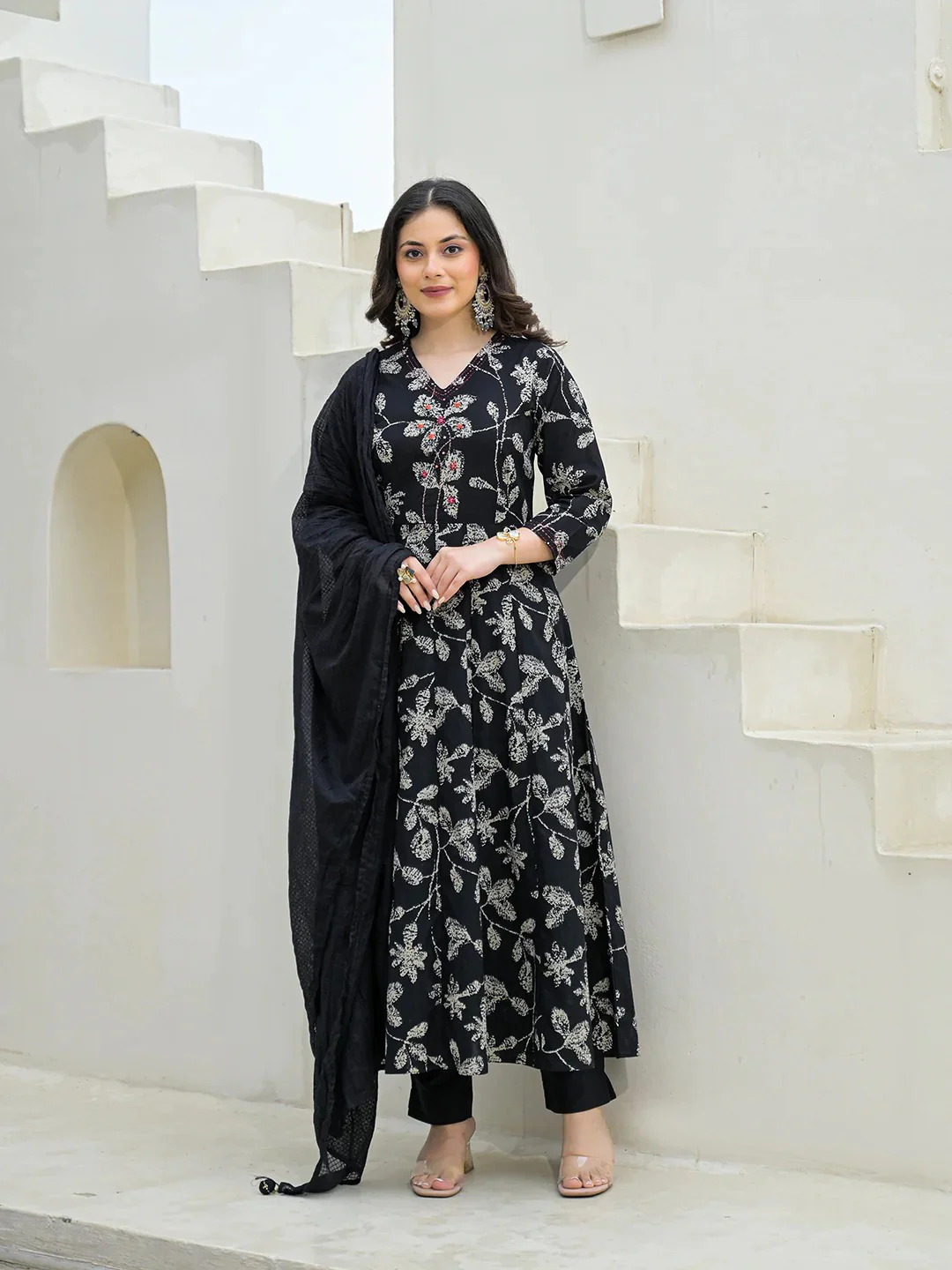 Black Cotton Anarkali kurta Pant Set with Dupatta - Image 4
