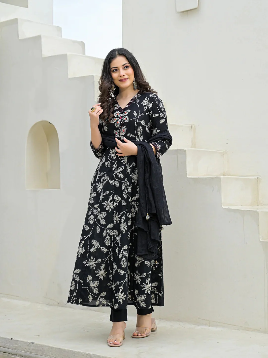 Black Cotton Anarkali kurta Pant Set with Dupatta - Image 5