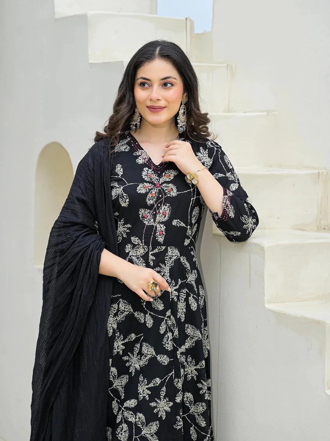 Black Cotton Anarkali kurta Pant Set with Dupatta - Image 6
