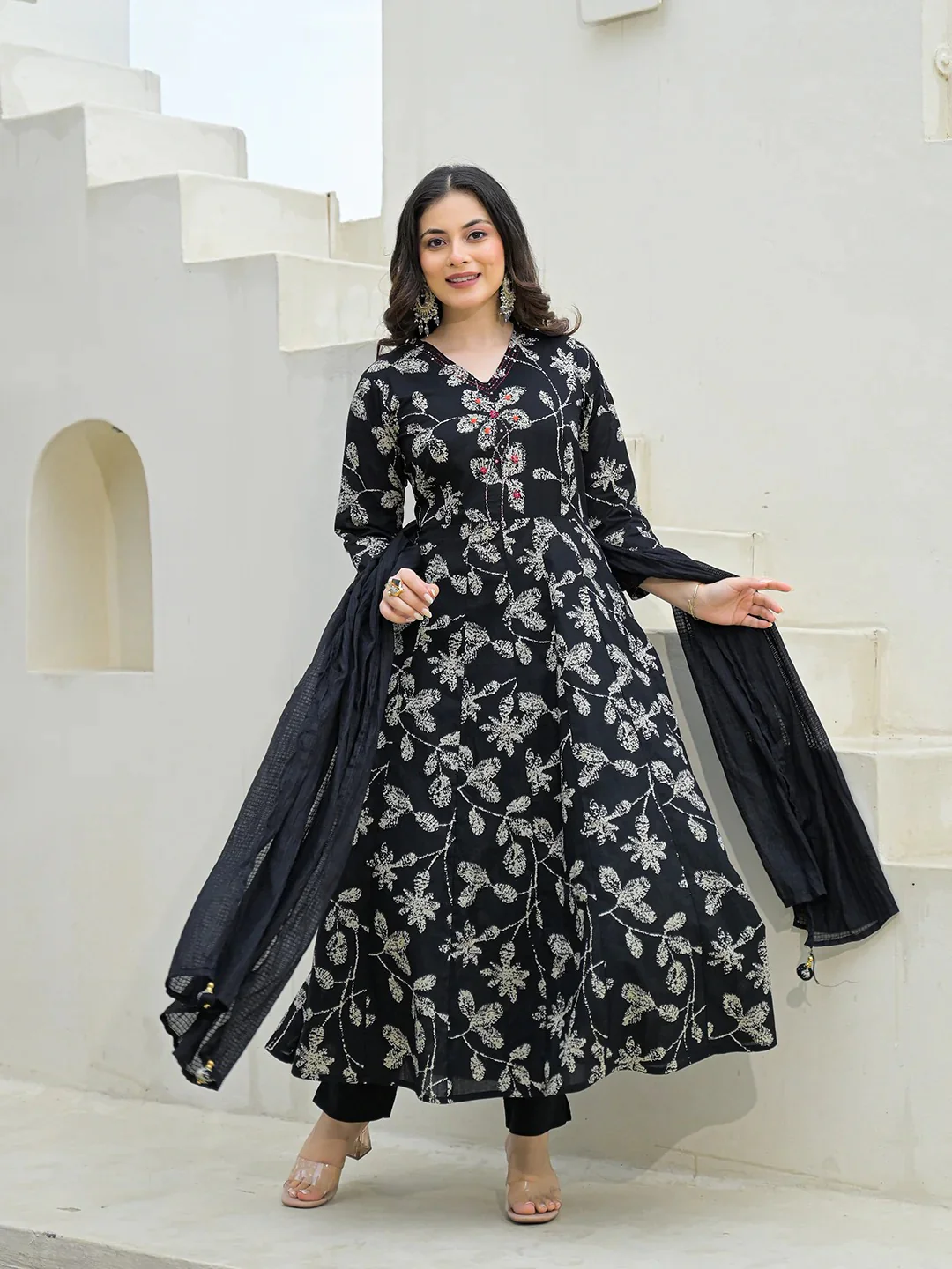 Black Cotton Anarkali kurta Pant Set with Dupatta - Image 7