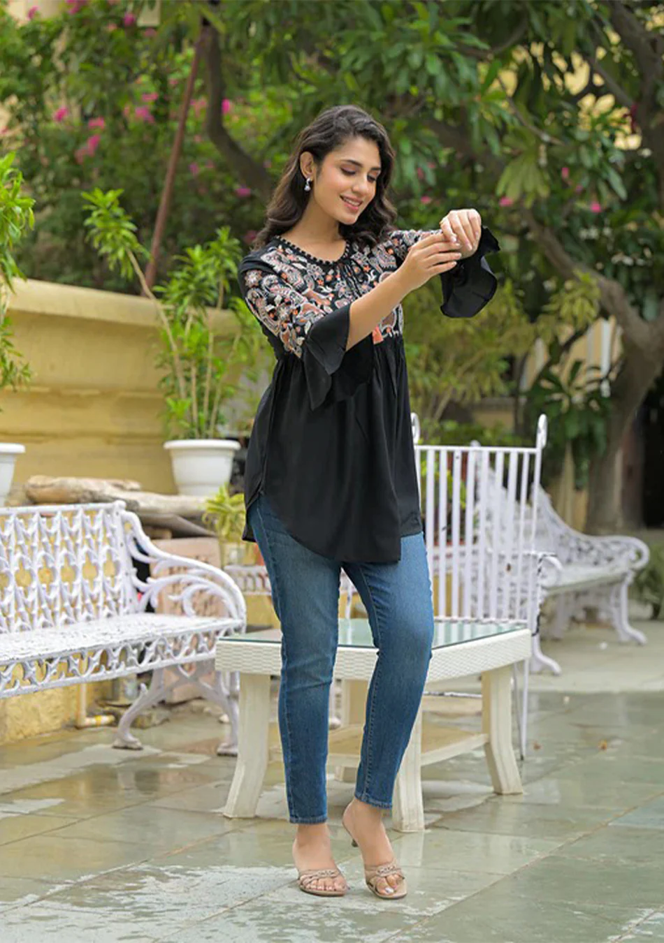 Black Embroidary Rayon Curved Hemline Top - Image 4