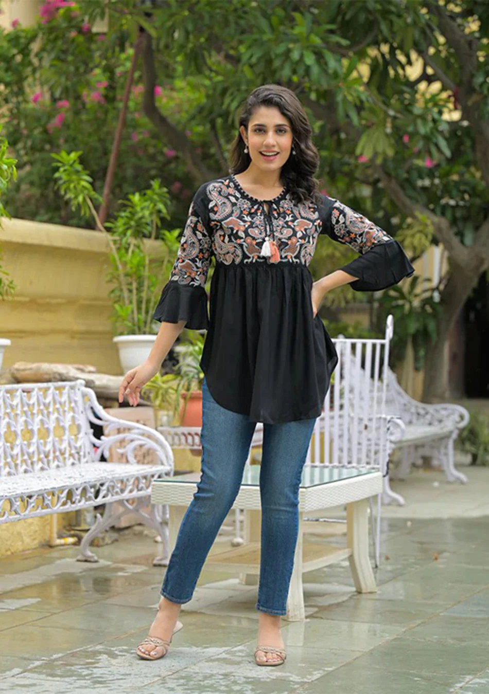 Black Embroidary Rayon Curved Hemline Top - Image 6